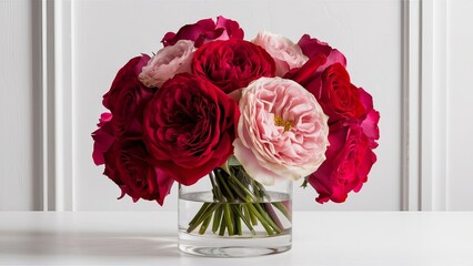 Bouquet of Red and Pink Roses in a Glass Vase.