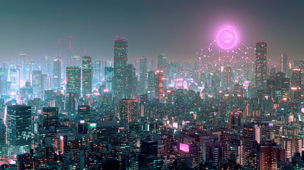 Obraz premium Cyberpunk Cityscape: Neon Lights and Futuristic Architecture at Night. A Digital Metropolis with Vibrant Colors and a Futuristic Network Connection.