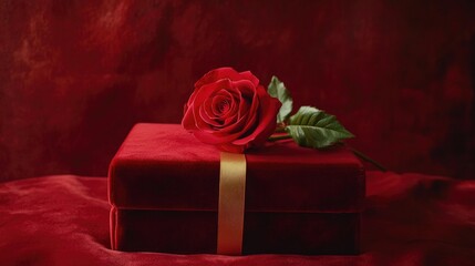 A single red rose resting on a red velvet box, with a golden ribbon elegantly tied, creating a sophisticated and romantic Valentine's Day concept