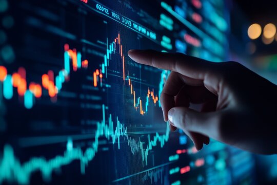 Hand analyzing stock market data on screen at night (1)
