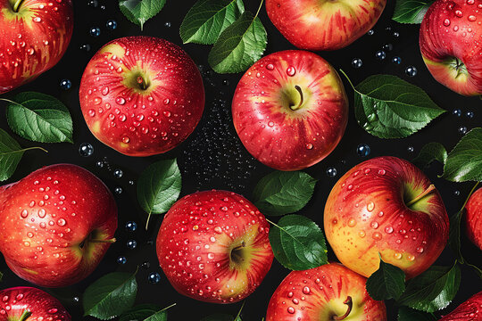 A close up seamless red apples with leaves and water drops, fresh and healthy vibe, for advertising juices, food products, and a healthy lifestyle.