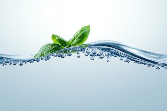 Fresh basil leaves floating on clear water with bubbles, creating a refreshing and pure image.