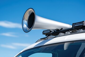 Large white horn mounted on car roof rack, chrome end, against blue sky.