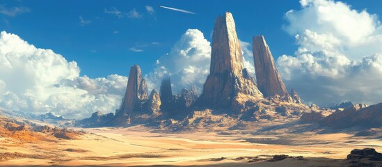 Majestic desert landscape with towering sandstone formations under a clear blue sky, surrounded by golden sands and dramatic cloud patterns in background.