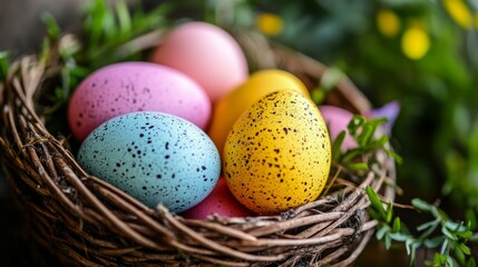 Obraz premium Colorful Easter Eggs in a Woven Nest