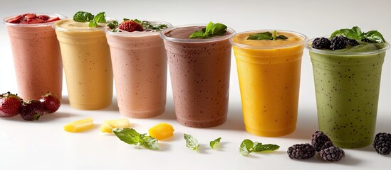 Vibrant smoothies in clear cups arranged in a line showcasing pink, orange, brown, yellow, and green hues with ample copy space for text