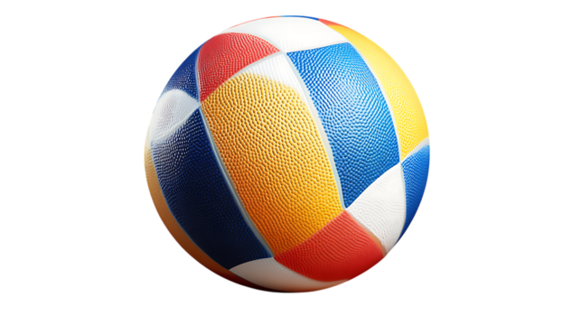 A detailed volleyball with bold colors and a textured surface, isolated on a transparent background, evoking the energy of the game