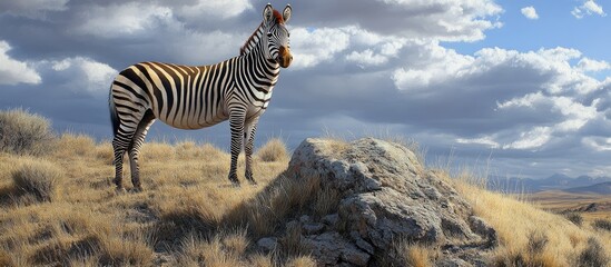 Obraz premium Majestic Grevy's zebra stands on a hill with dramatic clouds, showcasing bold black and white stripes against a serene landscape backdrop.