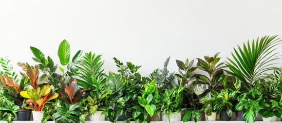 Obraz premium Vibrant tropical plants with lush green foliage in black pots arranged against a clean white backdrop highlighting their vivid colors and textures