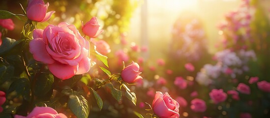Pink roses blooming in a sunlit spring garden with soft pink flowers on green foliage showcasing nature's beauty in a dreamy atmosphere