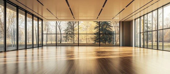 Modern empty indoor space with large glass windows, natural light streaming in, wooden floor, and backdrop of trees in warm autumn colors.