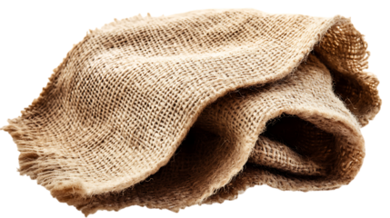 A gently folded section of burlap fabric, isolated on a transparent background, capturing its rough texture and warm, natural tones