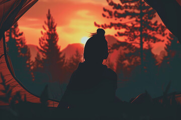 A girl sits in a tent and looks at the sunset behind the mountains, woman enjoying the beauty of nature