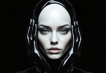 Artistic close-up of a female supermodel in glossy ceramic material, deep eyes