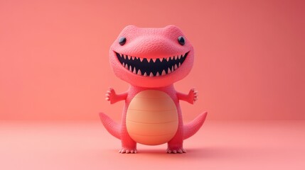 A cute, pink dinosaur toy with a big smile and sharp teeth, set against a soft pink background.