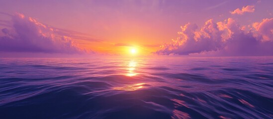 Fototapeta premium Sunset glow casting warm orange and purple hues over calm ocean waves during dusk creating a serene and tranquil atmosphere in the scene