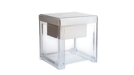 A modern, sturdy voting ballot box with clear sides, isolated on a white background, capturing the essence of fair elections