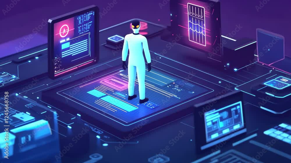 Poster futuristic data analysis: a scientist navigates a virtual interface in a digital lab