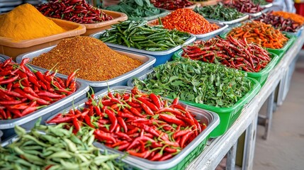 Fototapeta premium Cultural iconic Thailand, A vibrant market display showcases an array of fresh herbs and colorful spices, highlighting the rich diversity of flavors and aromas.