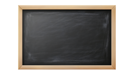 A rectangular chalkboard with a dark surface and light wooden frame, isolated on a transparent background, ready for any message or creative use