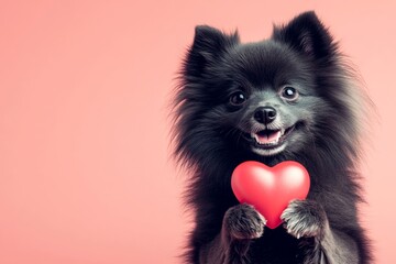 Obraz premium Commercial depiction. Keeshond - my beloved dog. Cute keeshond doggy with diamond red heart - sign of love, funny greeting card. February pet love. Valentine's day pet themes. Cute puppy lov.