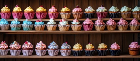 Colorful cupcakes arranged on wooden display shelves in a warm sweet shop, featuring pink, blue, and yellow frosting, enticing and delightful assortment.