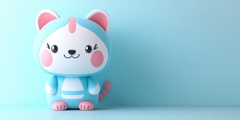 A cute, stylized cartoon cat figure in pastel colors against a soft blue background.
