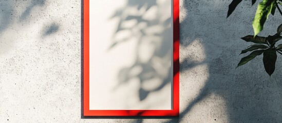 Minimalistic frame with a bold red border placed on a textured gray wall, surrounded by soft green leaves casting intricate shadows.