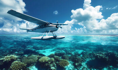 Naklejka premium Seaplane Tropical View – Skim Over Coral Reefs for a Stunning Aerial Perspective