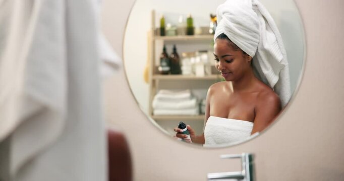 Woman, body care and deodorant with mirror, reflection and grooming for morning routine in bathroom. Person, aesthetic or perfume for natural beauty, skin hygiene or cleaning treatment in home
