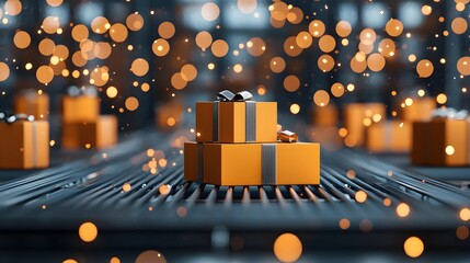 Enchanting Scene of Gift Boxes on a Conveyor Belt Surrounded by Dazzling Bokeh Lights and Sparks. Warehouse Management System Concept