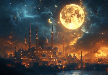 Obraz premium Majestic Mosque Illuminated at Night, with a Bright Full Moon and Starry Sky Creating a Magical Serene Atmosphere