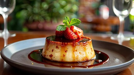 Caramel Flan with Strawberry Topping And Mint Leaf, Served On A Ceramic Plate, Blurred Background. Mexican and Latin American Cuisine. Cinco de Mayo festive dessert