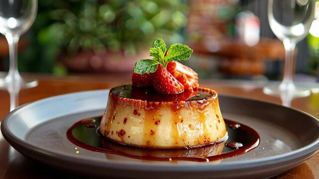 Caramel Flan with Strawberry Topping And Mint Leaf, Served On A Ceramic Plate, Blurred Background. Mexican and Latin American Cuisine. Cinco de Mayo festive dessert