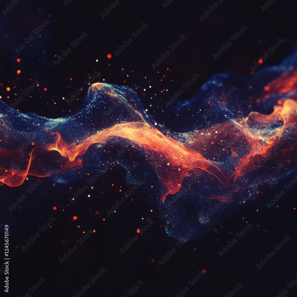 Sticker red and blue nebula on black background with abstract dark particle wave in futuristic digital desig