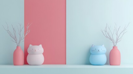 A minimalist display featuring cute cat figurines and vases against a pastel backdrop.