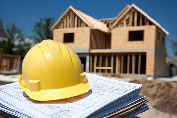 Yellow hard hat atop blueprints, with a new home construction framing in the background, under a blue sky.
