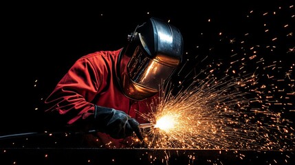 A welder grinds metal in the dark, wearing a see-through protective mask. Sparks fly around, illuminating the scene. 