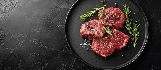 Premium marbled beef cuts on a sleek black plate with fresh rosemary garnishes and sea salt against a dark textured background