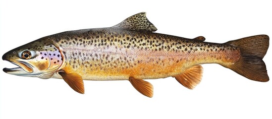 Grilled trout with a golden-brown crust and vibrant orange-brown skin, garnished with lemon slices on a clean white background, showcasing delicious seasoning.