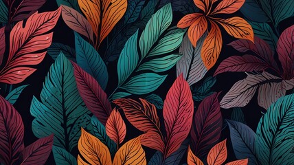 Fototapeta premium Luxury seamless pattern with striped leaves. Elegant floral background in minimalistic linear style. Trendy line art design element.