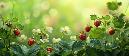 Obraz premium Vibrant green strawberry leaves and white blooms in soft focus with ripe red strawberries contrasting against a bright spring background