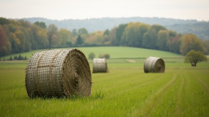 Serene Countryside Scene with Round Hay Bales and Lush Green Fields