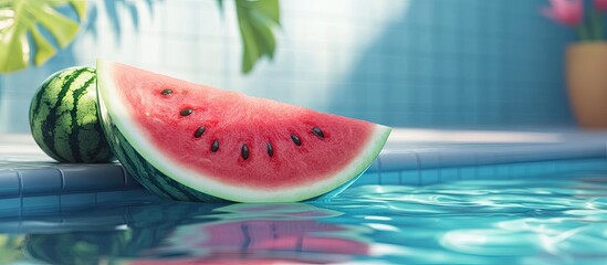 Vibrant watermelon slice resting on pool ledge with turquoise water reflecting sunlight, surrounded by tropical greenery, perfect for summer relaxation.
