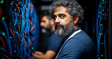 Mature hispanic male technician examines server cables in data center