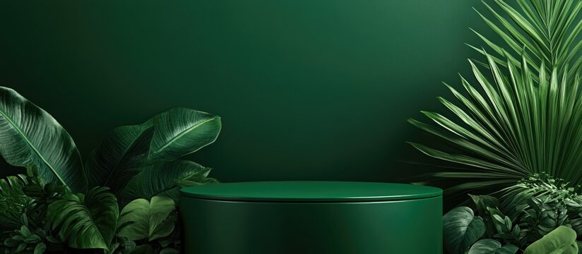 Vibrant green podium set against a rich green background surrounded by lush tropical leaves ideal for modern product displays and presentations.