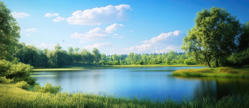 Serene landscape showcasing a calm lake surrounded by lush green trees under a bright blue sky with fluffy white clouds creating a tranquil scene