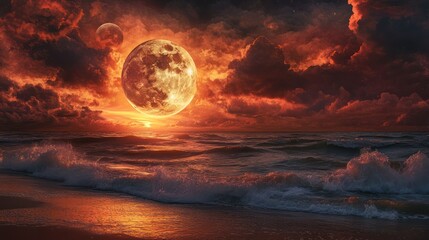 Fototapeta premium Blood moon ocean sunset fantasy art