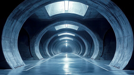 Futuristic Concrete Tunnel: A Visionary Architectural Masterpiece. Exploring the Depth and Symmetry of Modern Design through Abstract Shapes and Lines.