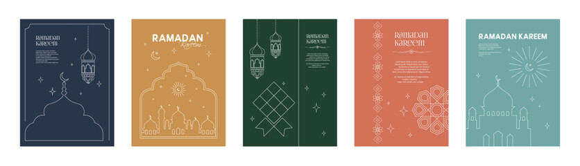 A set of modern Ramadan Mubarak and Eid al-Fitr greeting cards.  Minimalist boho design with moons, mosque domes and lanterns.